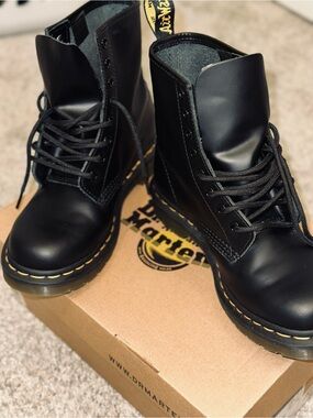 Dr. Martens Black Leather Lace-Up Boots with Yellow Stitching